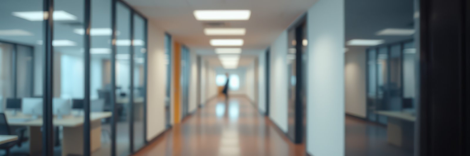 Busy office corridor with reflective surfaces and distant worker during the daytime